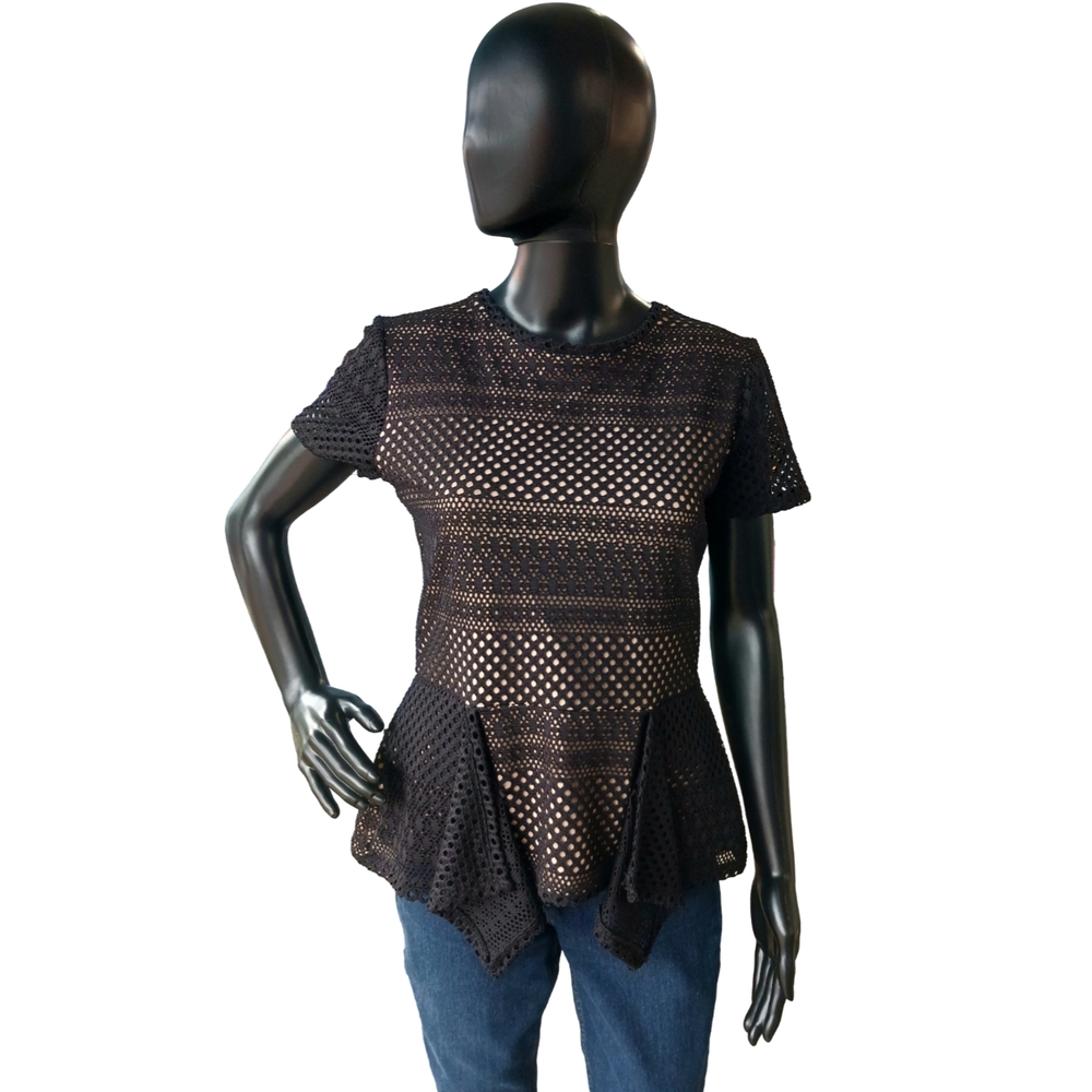 Bcbgmaxazria Black Illusion Lace Peplum Top, Size Medium